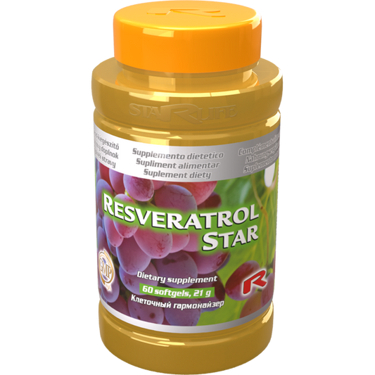 Bottle of Resveratrol Star dietary supplement with 60 softgels containing grape seed extract and coenzyme Q10