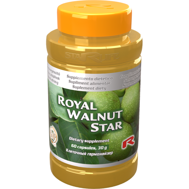 Royal Walnut Star dietary supplement bottle with 60 capsules and orange cap