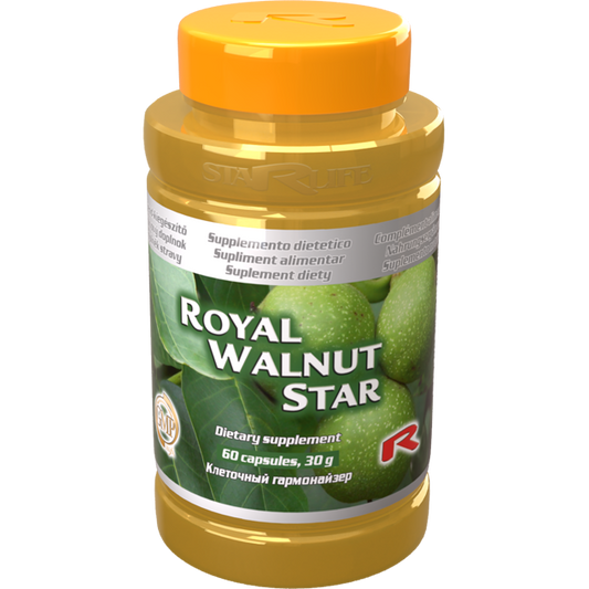 Royal Walnut Star dietary supplement bottle with 60 capsules and orange cap