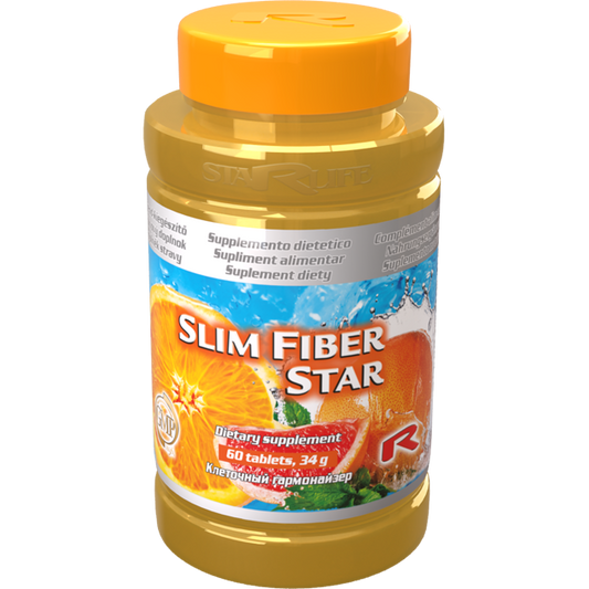 Slim Fiber Star dietary supplement bottle with orange and citrus fiber blend for digestion and weight control, 60 tablets