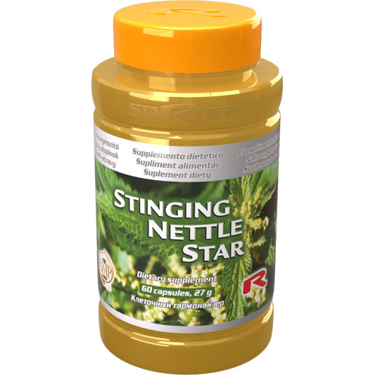 Stinging Nettle Star dietary supplement bottle with 60 capsules promoting vitality and circulation.