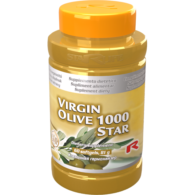 Virgin Olive 1000 Star dietary supplement bottle with olive oil softgels for antioxidant and cholesterol support