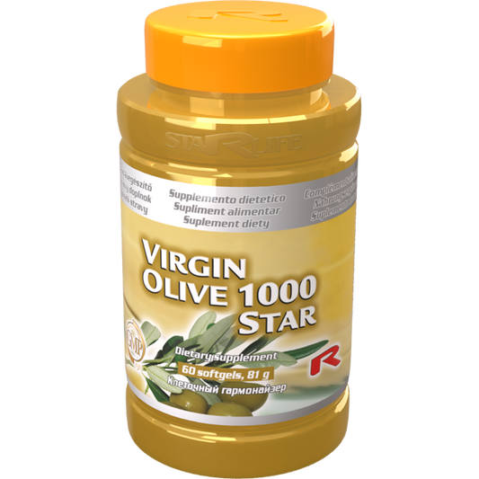 Virgin Olive 1000 Star dietary supplement bottle with olive oil softgels for antioxidant and cholesterol support