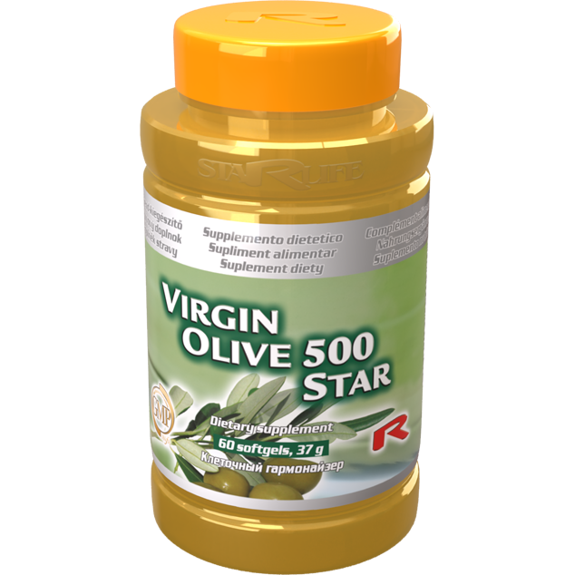 Bottle of Virgin Olive 500 Star dietary supplement with 60 olive oil softgels