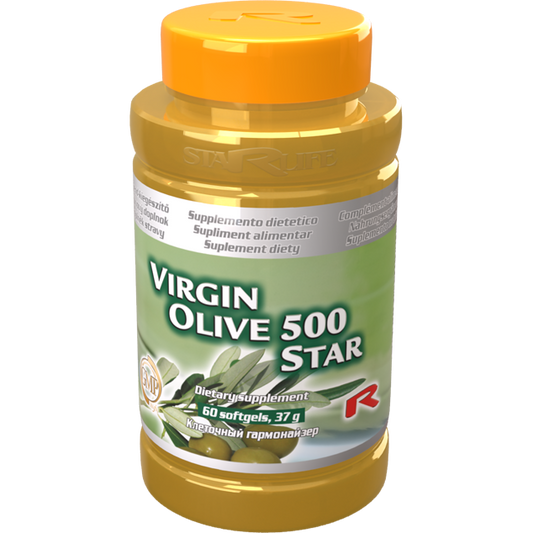 Bottle of Virgin Olive 500 Star dietary supplement with 60 olive oil softgels