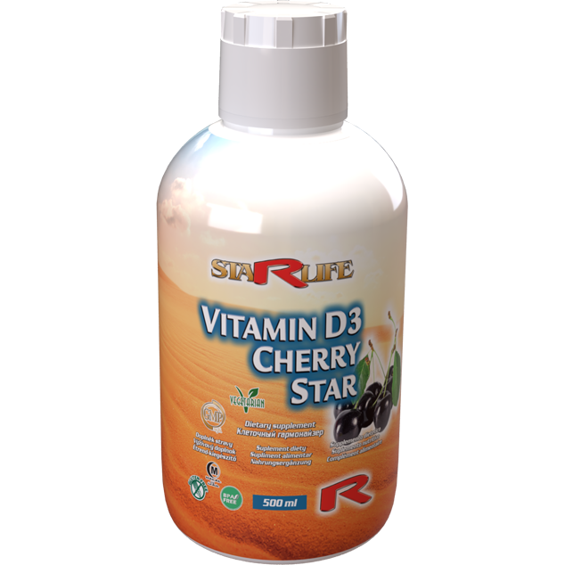 500 ml bottle of Vitamin D3 Cherry Star dietary supplement for bone, muscle, and immune support with cherry flavor