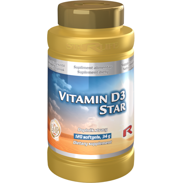 Vitamin D3 Star dietary supplement bottle with 120 softgels for bone and immune health