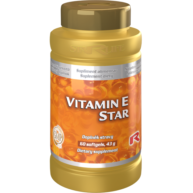 Vitamin E Star dietary supplement bottle with 60 softgels, antioxidant for heart and skin health