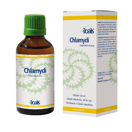 Chlamydi 50ml dietary supplement for intracellular bacterial parasites including Chlamydia, supports immune and respiratory health, contains plant extracts and 20% ethanol.