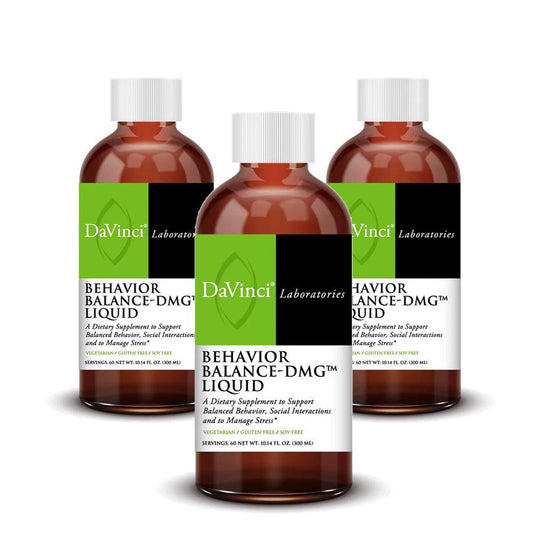 Three bottles of DaVinci Laboratories Behavior Balance-DMG Liquid dietary supplement, 300 ml each, supporting balanced behavior and stress management