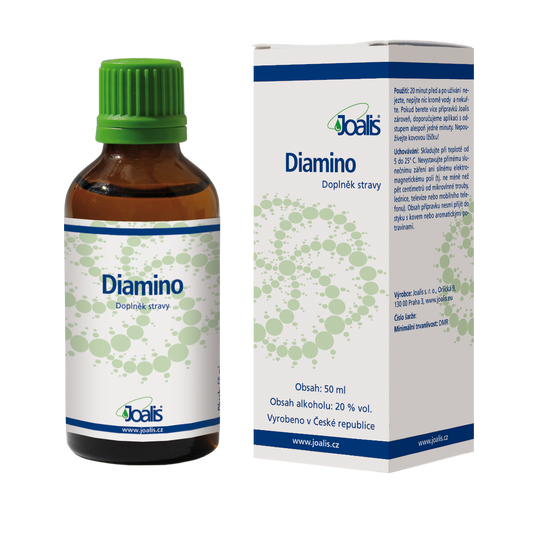 Diamino 50ml dietary supplement bottle and packaging for emotional stress relief with plant extracts and 20% ethanol.