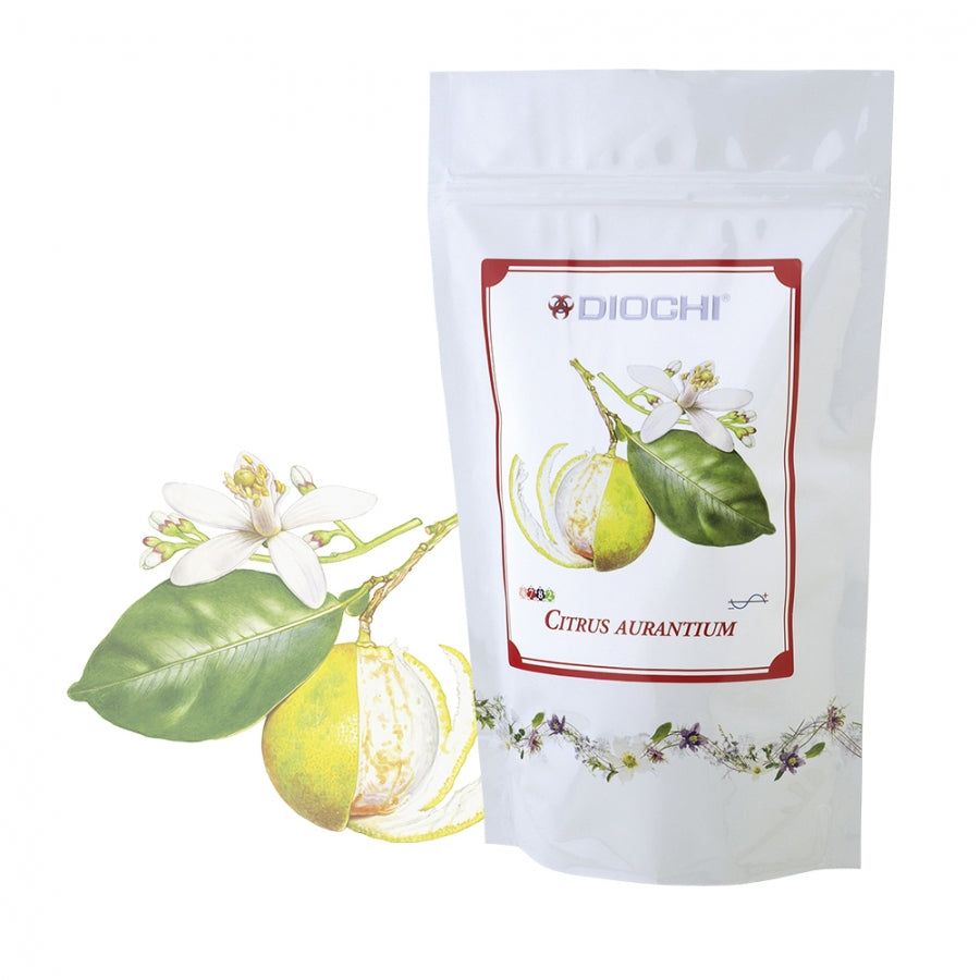 Citrus aurantium tea 100g package with wild orange and green leaves illustration for detox and relaxation