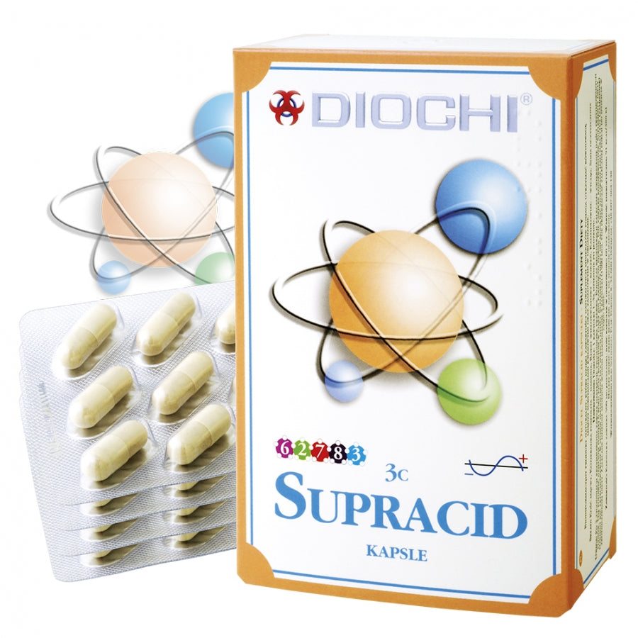 Diocel Supracid natural supplement capsules for acid reflux reduction and bone health with minerals and herbal extracts