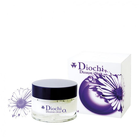 Diozon clear O3 cleansing cream jar and box with purple flower design containing reactive oxygen and olive oil for anti-aging and wrinkle reduction