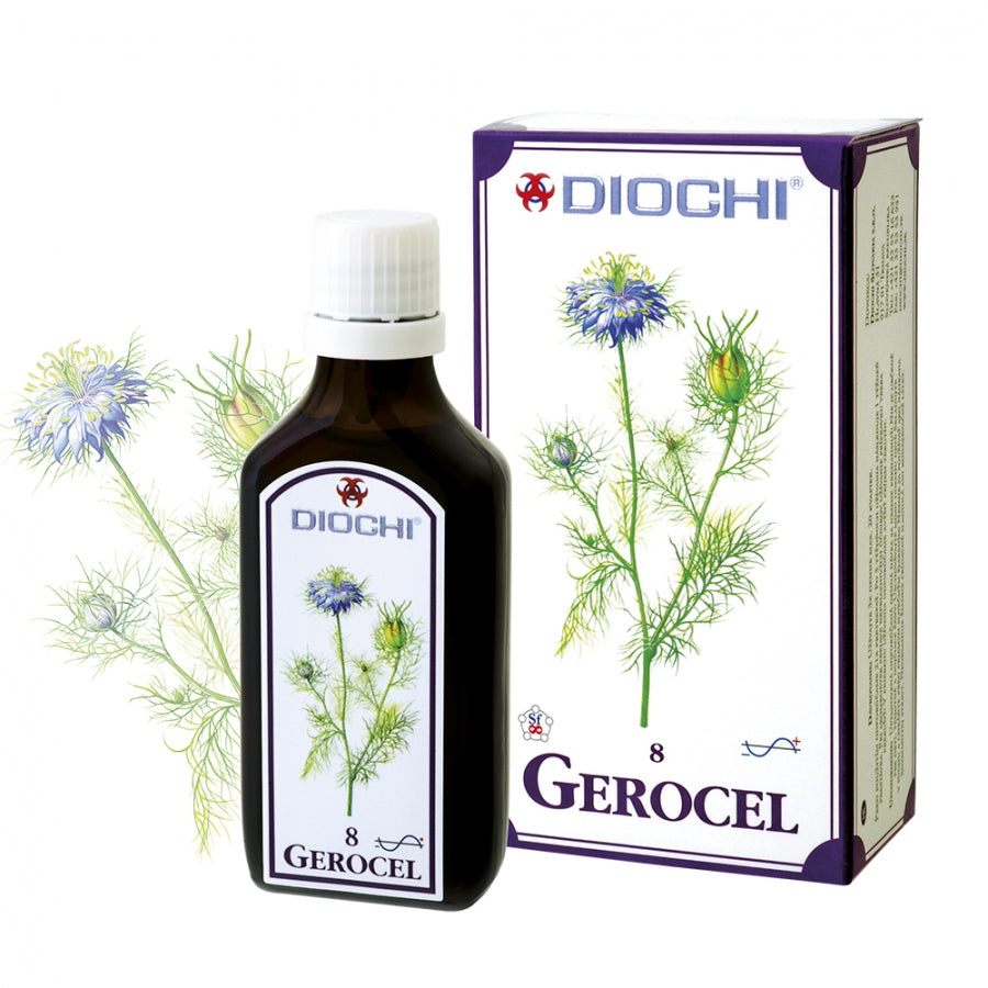 Gerocel herbal drops for blood glucose levels support with natural plant extracts and essential oils, 50 ml bottle and packaging.