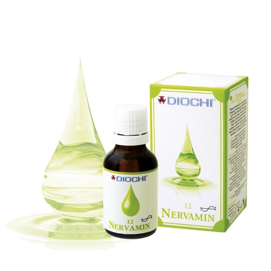 Nervamin 23ml bottle and box with essential oil drop design, stress relief dietary supplement
