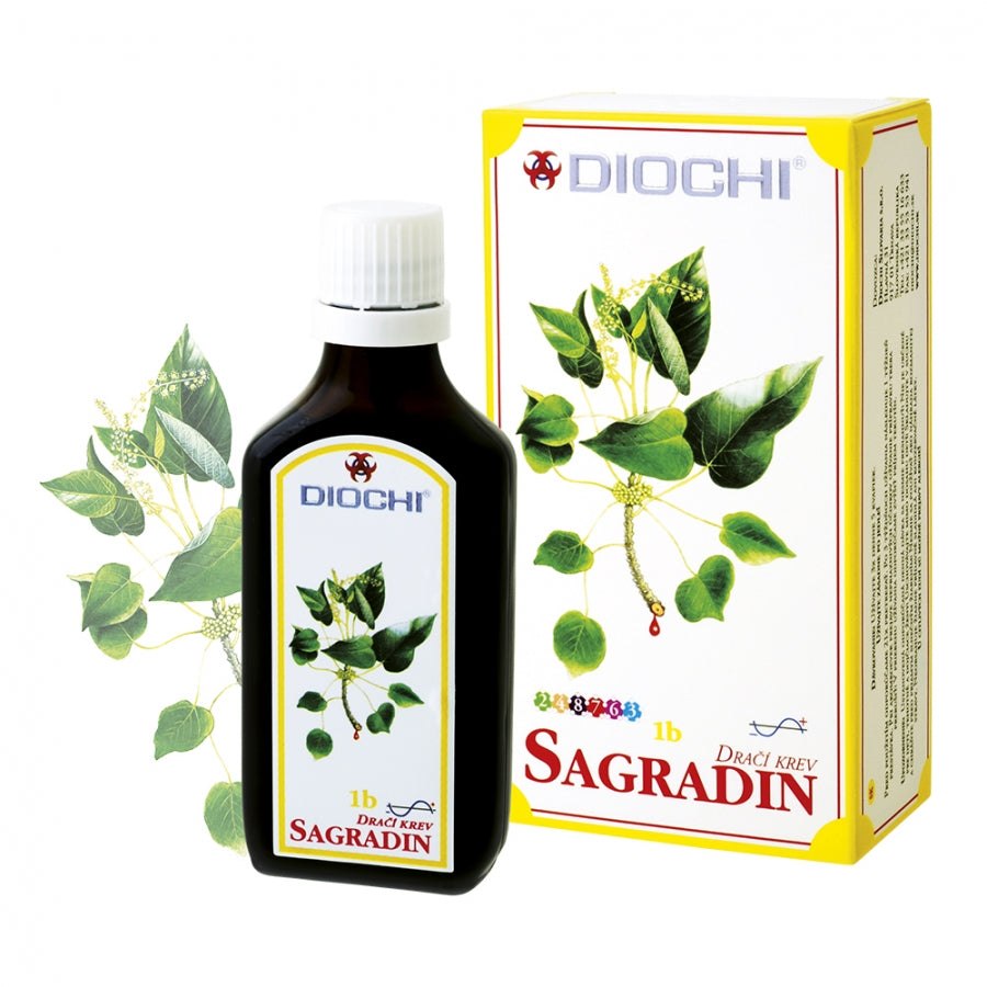 Sagradin 50ml bottle and box with dragon's blood Croton lechleri plant illustration dietary supplement