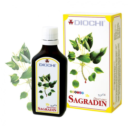 Sagradin 50ml bottle and box with dragon's blood Croton lechleri plant illustration dietary supplement