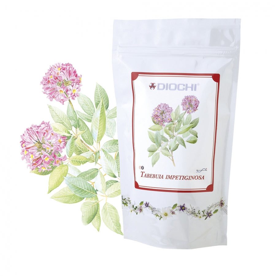 Tabebuia impetiginosa herbal tea package with botanical illustration of pink flowers and green leaves, 150g bag of antioxidant red lapacho tea