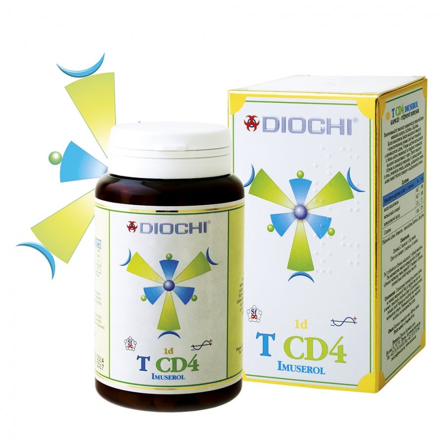 Diochi TCD4 Imuserol dietary supplement bottle and box with goat colostrum and beta glucans