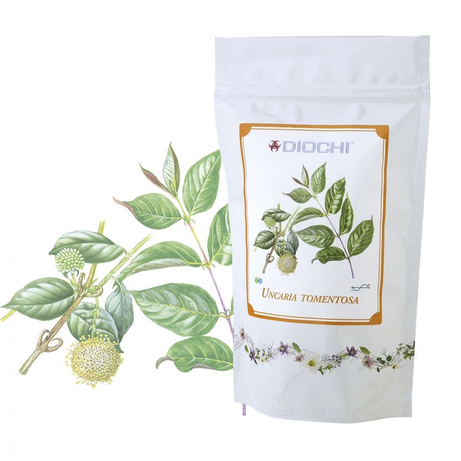 Uncaria tomentosa tea 80g package with botanical illustration of cat's claw plant leaves and flowers