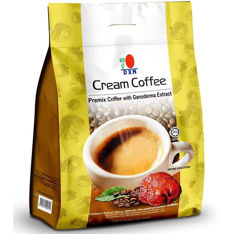DXN Cream Coffee premix with Ganoderma extract in 20x14g sachets, non-sugar instant coffee blend