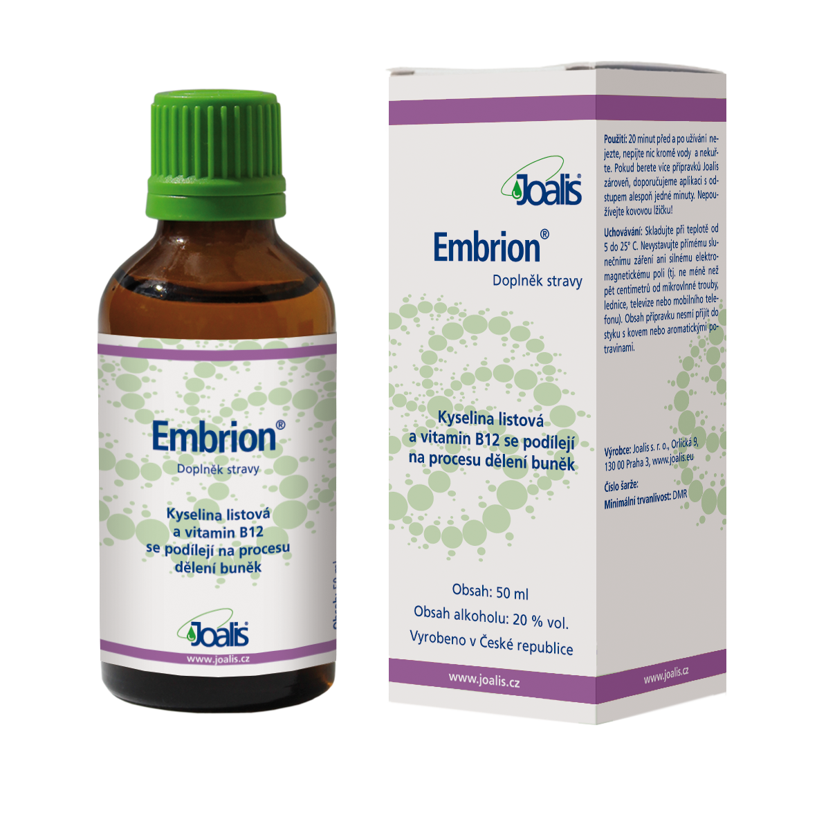 Joalis Embrion 50ml dietary supplement for digestive system diseases with vitamins B12 and folic acid.