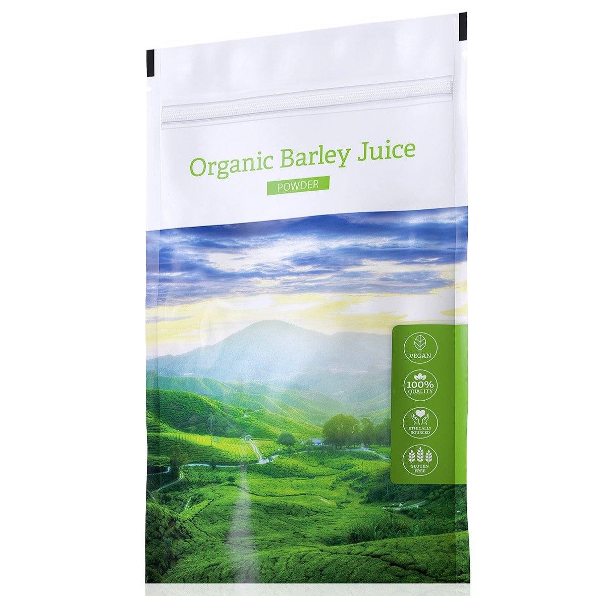 Organic Barley Juice Powder 100g pouch with green landscape packaging, gluten-free and vegan supplement for energy and immunity support