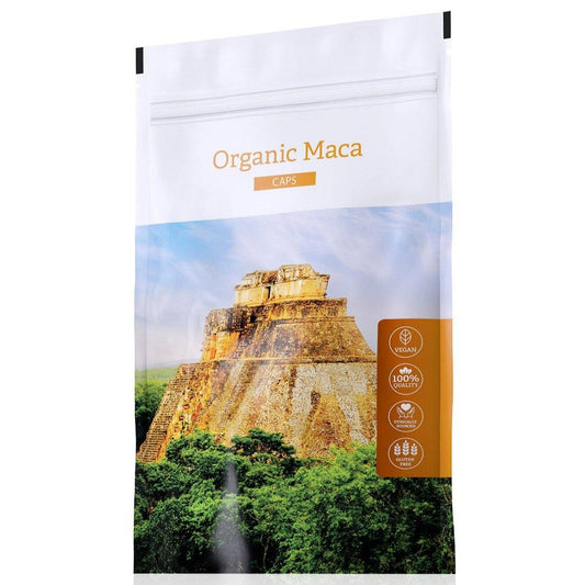 Organic Maca capsules packaging with ancient pyramid and nature background, vegan and gluten-free dietary supplement for endurance and vitality
