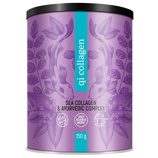 Purple 150g container of QI collagen drink powder with sea collagen and Ayurvedic complex for bone, joint, and skin health