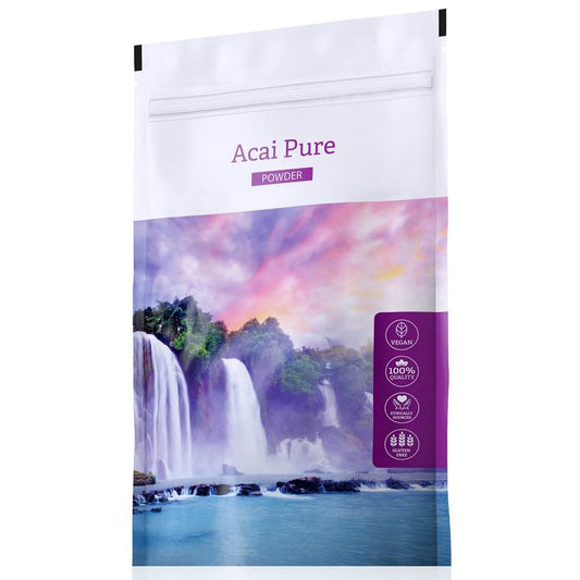 Acai Pure Powder 100g in resealable bag with waterfall and jungle design, rich in antioxidants and nutrients, vegan and gluten-free acai powder supplement
