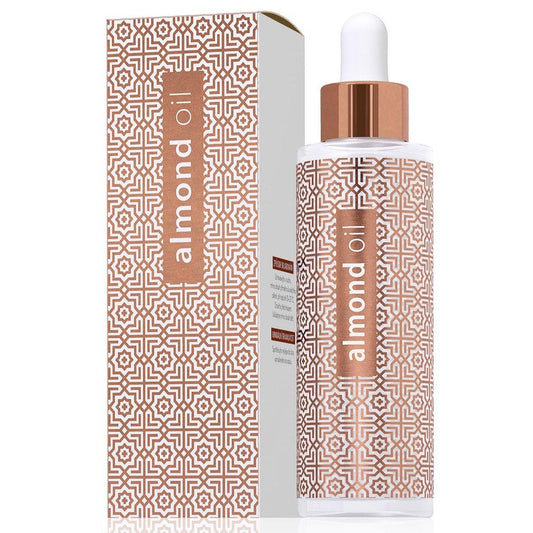 100 ml natural almond oil cosmetic bottle with dropper and decorative packaging for sensitive and dry skin care