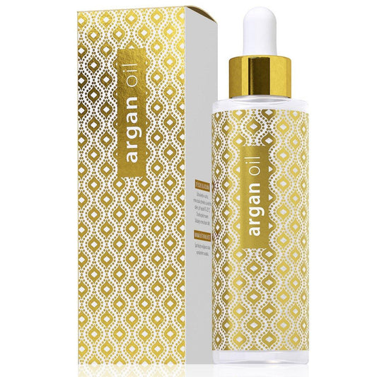 100 ml bottle and box of natural cosmetic Argan oil with gold patterned labels for skin and hair care