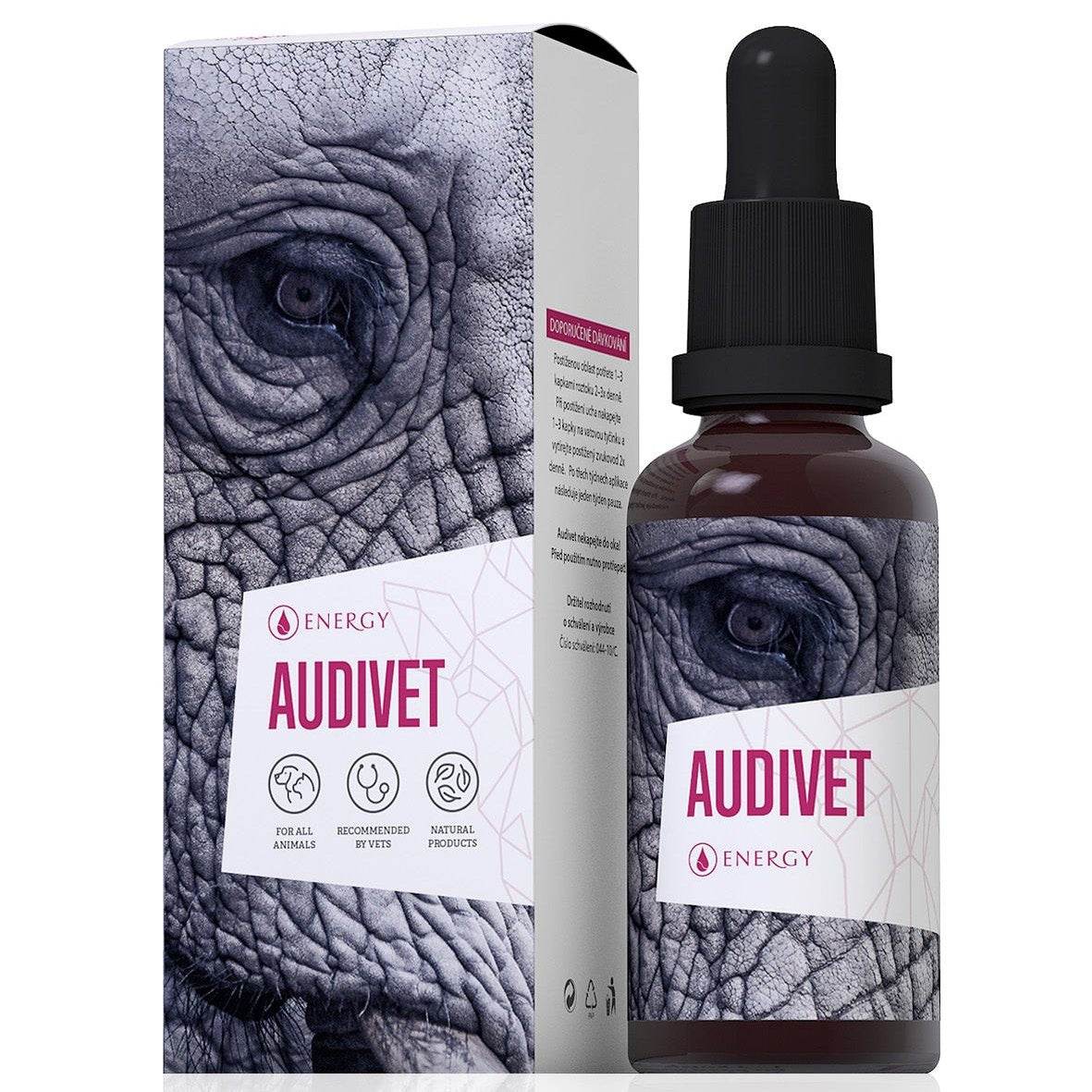 Audivet 30 ml herbal solution for treating ear problems in dogs, antibacterial, antifungal, and anti-inflammatory.
