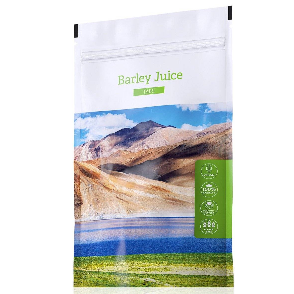 Barley Juice Tabs supplement package with mountain landscape, natural vitamins and minerals for body rejuvenation and immunity boost