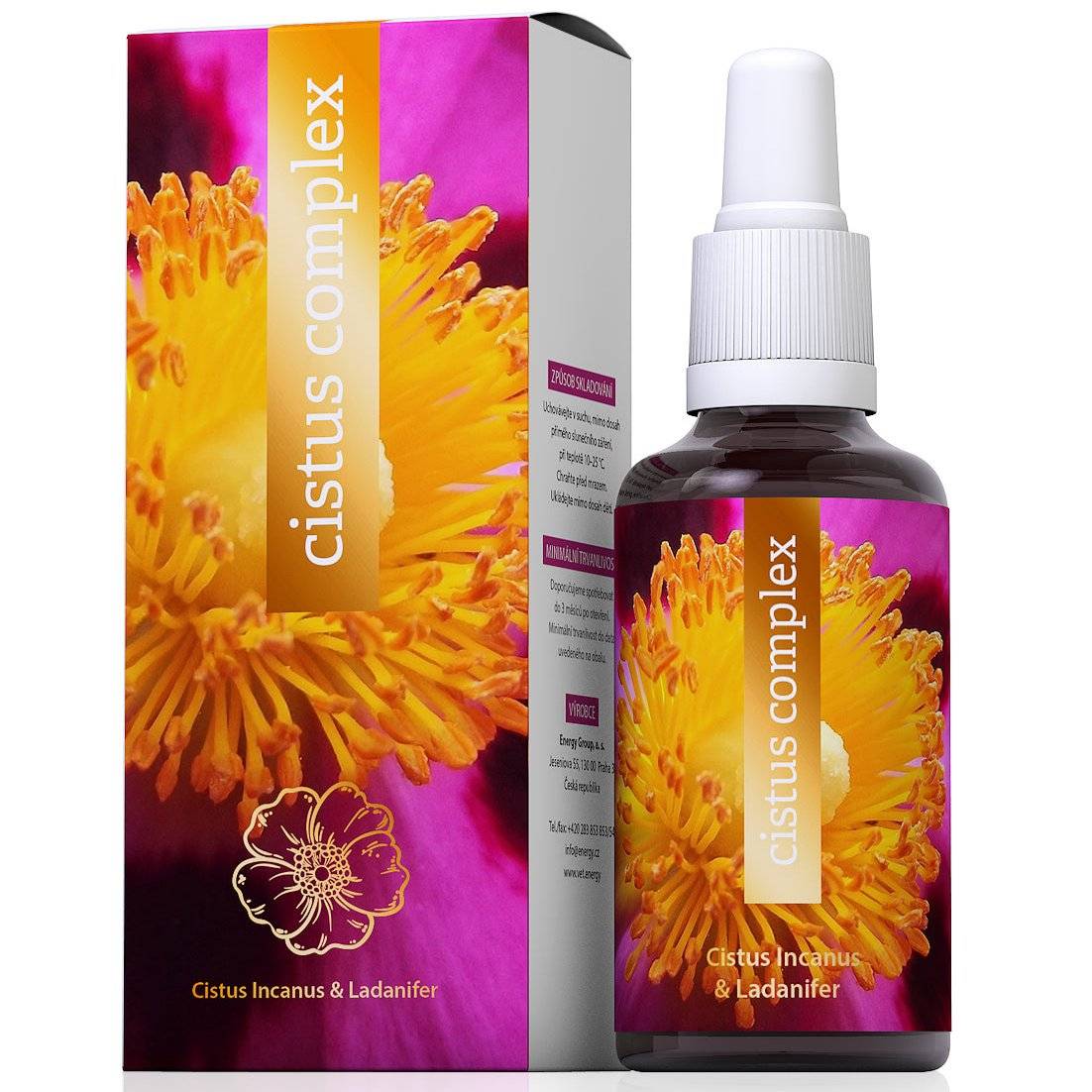 Cistus complex herbal concentrate bottle and box with yellow flower design for immune support and respiratory health