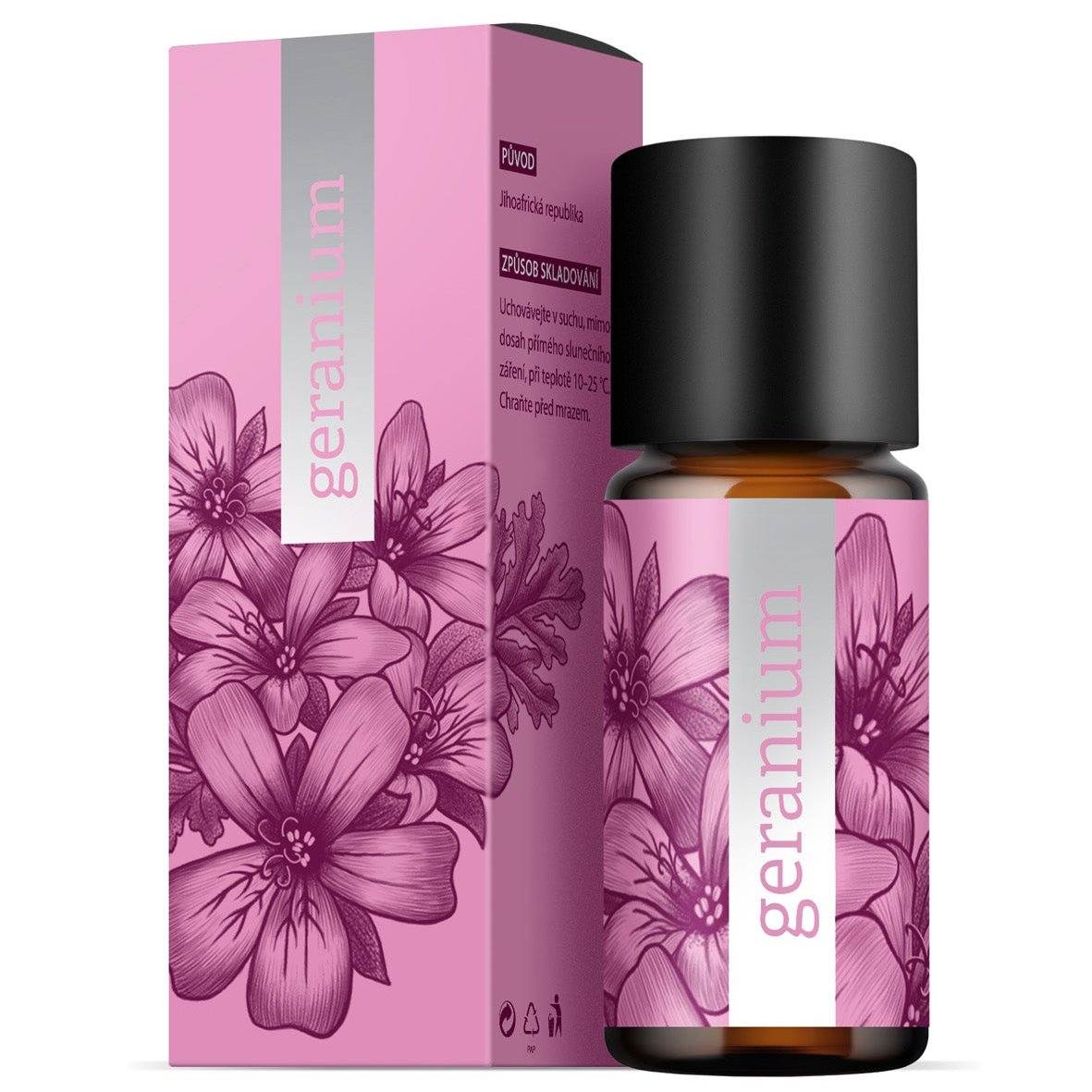 Geranium aromatherapy essence 10ml bottle with pink floral packaging, natural therapeutic essential oil for feminine well-being and skin care.