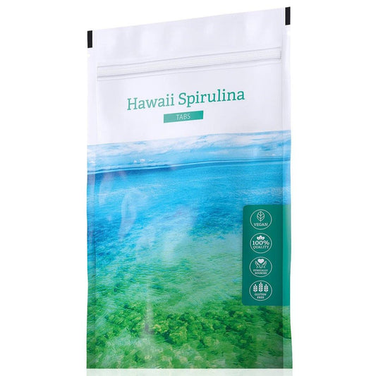 Hawaii Spirulina Tabs supplement packaging with ocean and seaweed design, 200 tablets for vitality and blood sugar support
