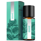 Peppermint essential oil 10ml bottle with green mint leaf design and black cap for aromatherapy uses