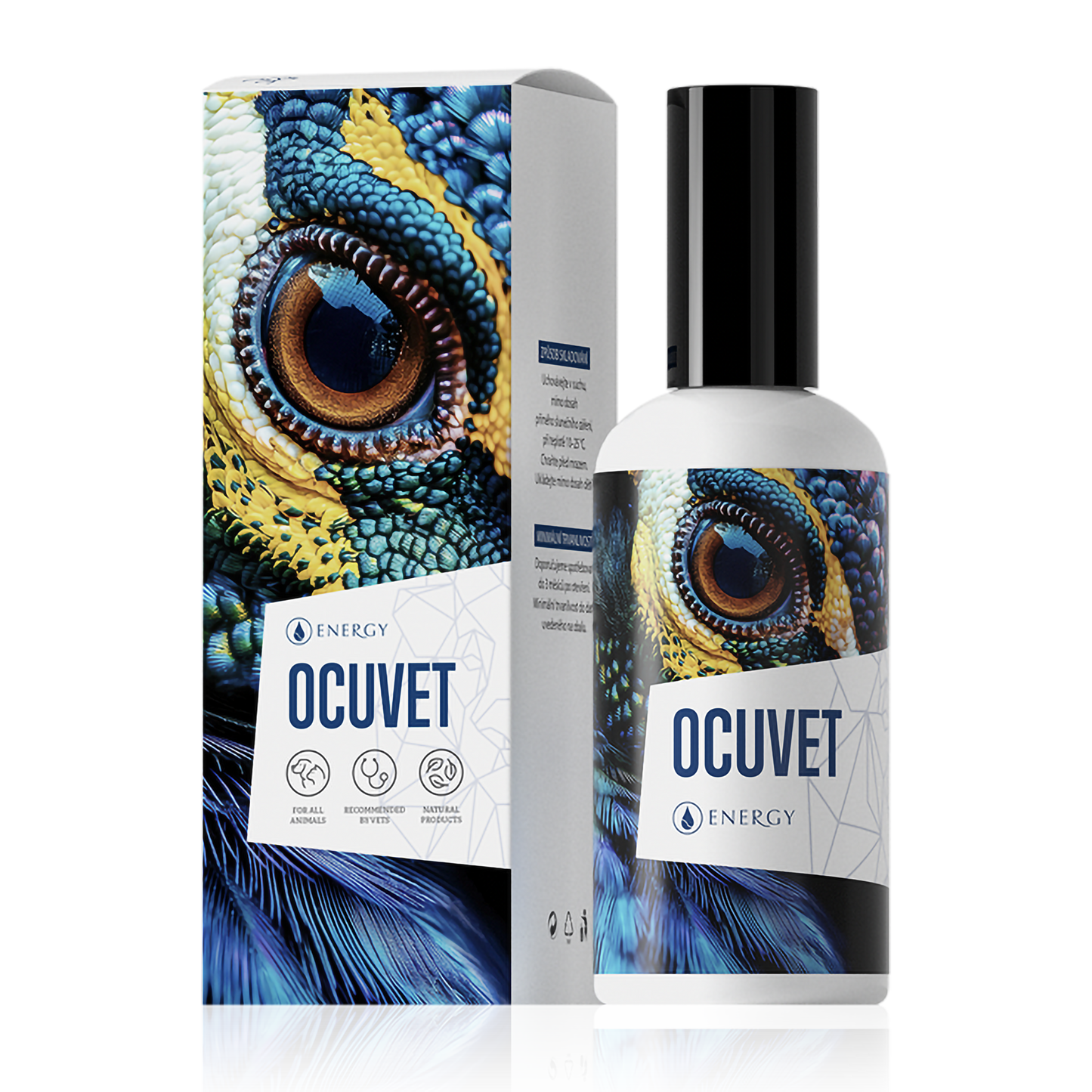 Ocuvet dog eye water with herbal ingredients and hyaluronic acid for cleansing and soothing eyes, 100 ml bottle and packaging.