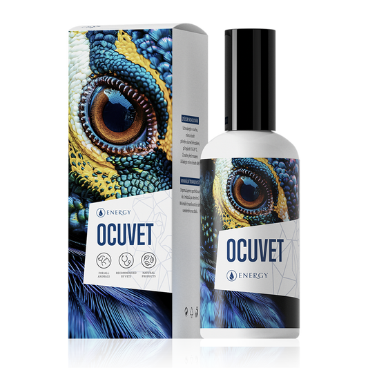 Ocuvet dog eye water with herbal ingredients and hyaluronic acid for cleansing and soothing eyes, 100 ml bottle and packaging.