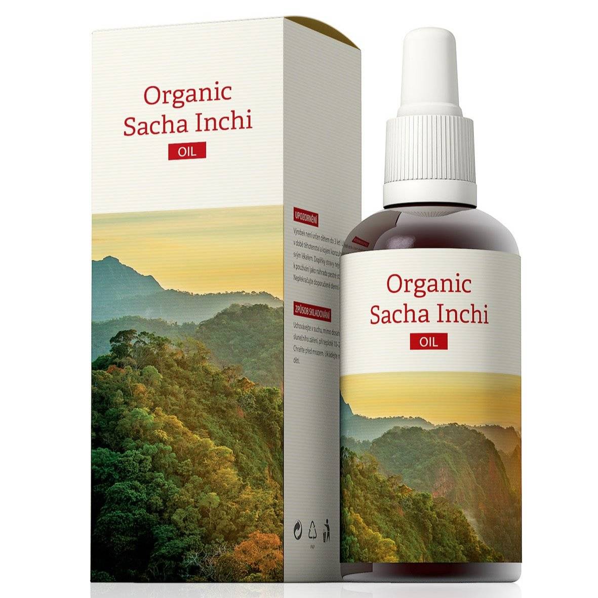 Organic Sacha Inchi oil 100ml bottle and packaging with mountain landscape design, high in omega fatty acids for heart and brain health