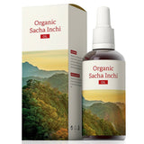 Organic Sacha Inchi oil 100ml bottle and packaging with mountain landscape design, high in omega fatty acids for heart and brain health