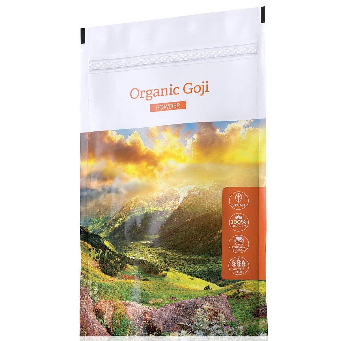 Organic Goji Powder 100g pack with Tibetan valley landscape, vegan and gluten-free dietary supplement