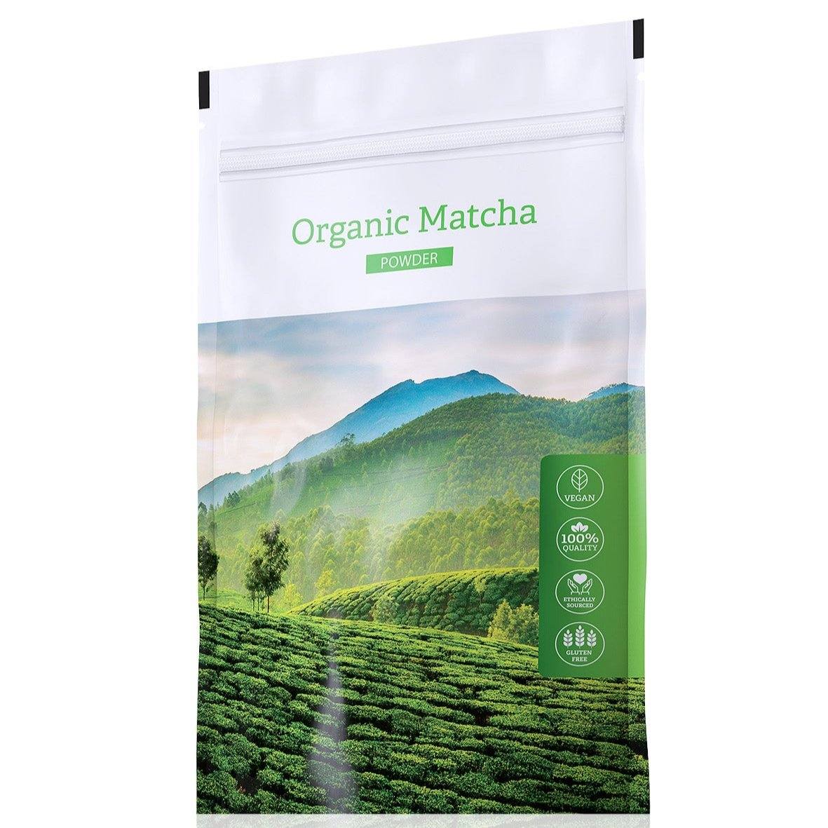 Organic matcha powder 50g bag with Japanese tea plantation image, vegan and gluten-free superfood for energy and cognitive support