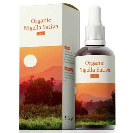 Organic Nigella Sativa oil 100 ml bottle with sunset nature packaging for digestive and therapeutic benefits