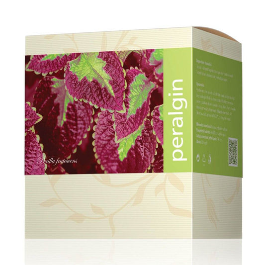 Peralgin dietary supplement box featuring Perilla frutescens plant image supporting cytokines production and immune health
