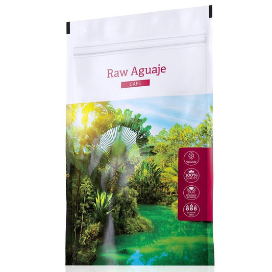 Raw Aguaje supplement capsules with natural Amazonian Mauritia palm fruit, rich in phytoestrogens and vitamins, 120 cps, vegan and gluten-free.