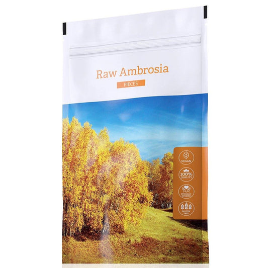 Raw Ambrosia Pieces 100g natural fermented bee pollen health supplement vegan gluten-free packaging with forest landscape