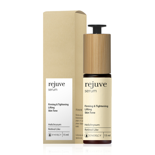 Rejuve serum 15ml bottle with wooden cap and beige box, firming and lifting skin anti-aging treatment with helichrysum and retinol-like effect